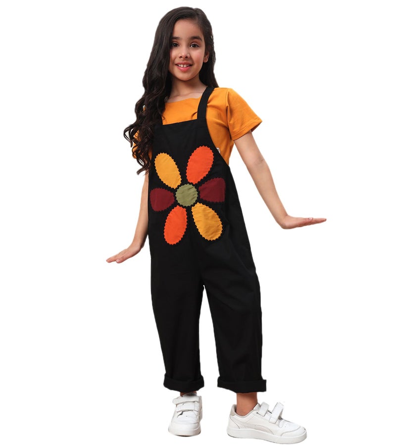 Bugandbees Patch Work Cotton Poplin Jumpsuit for Girls|Straps Shoulder Jumpsuit for 3 Years to 13 Years Kids|Party Casual Wear Western Stylish Latest Summer Collection (BBJU00000146_10-11Y_Black) - Image 1