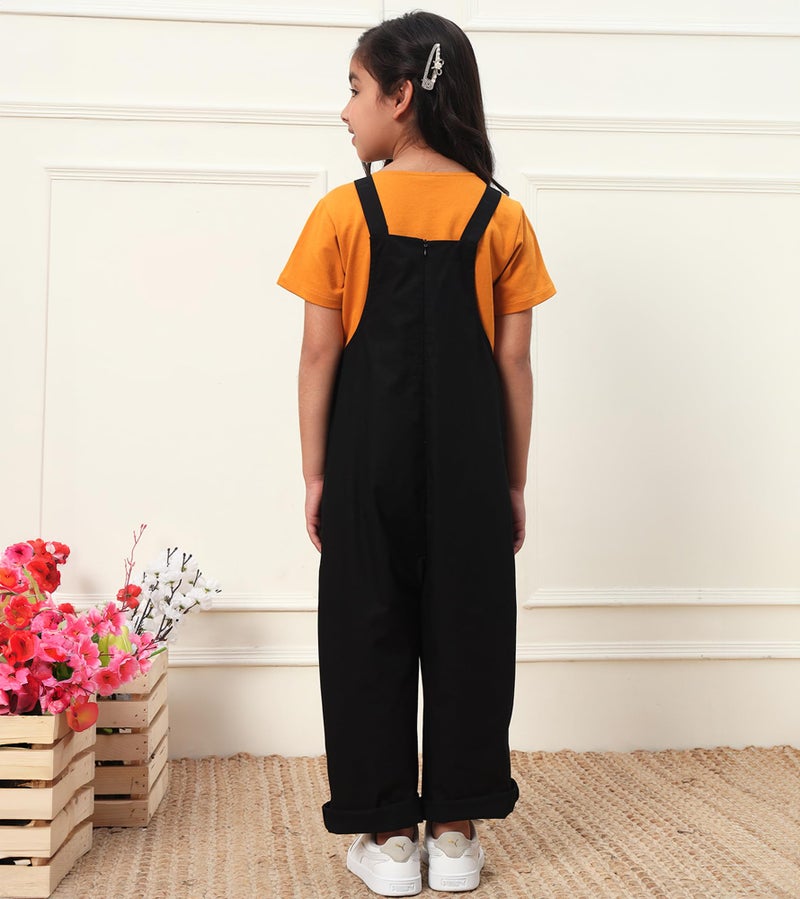 Bugandbees Patch Work Cotton Poplin Jumpsuit for Girls|Straps Shoulder Jumpsuit for 3 Years to 13 Years Kids|Party Casual Wear Western Stylish Latest Summer Collection (BBJU00000146_10-11Y_Black) - Image 5