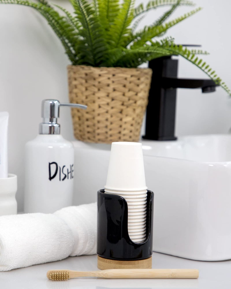 Viosuniu Ceramic Bathroom Cups Dispenser - 3 oz Disposable Paper & Plastic Bathroom Cups Holder - Mouthwash Cups Dispenser for Bathroom, Guest Toiletries, Countertop - BPA Free, Kids Safe (Black) - Image 4