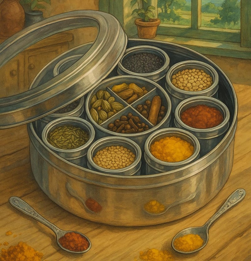 STEEPLE 12 In 1 Masala Box For Kitchen | Spice Box | With Glass Lid | Traditional Indian Spice Container | Includes 8 Small Containers + 1 Middle Partitioned Container (4 Sections), Silver - Image 1