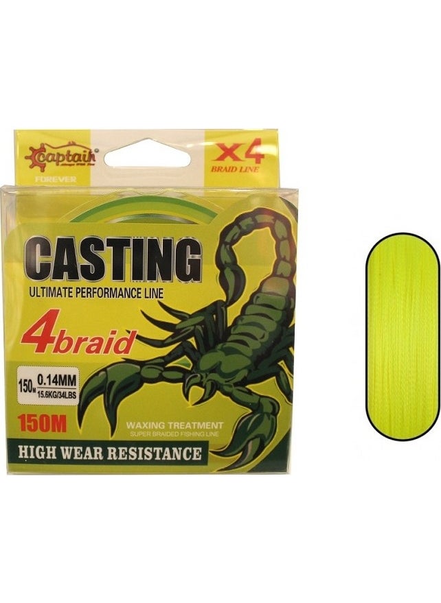 CAPTAIN Casting Pe 4 Layer Spin Rope Fishing Line 0.23 mm 150 mt Yellow 