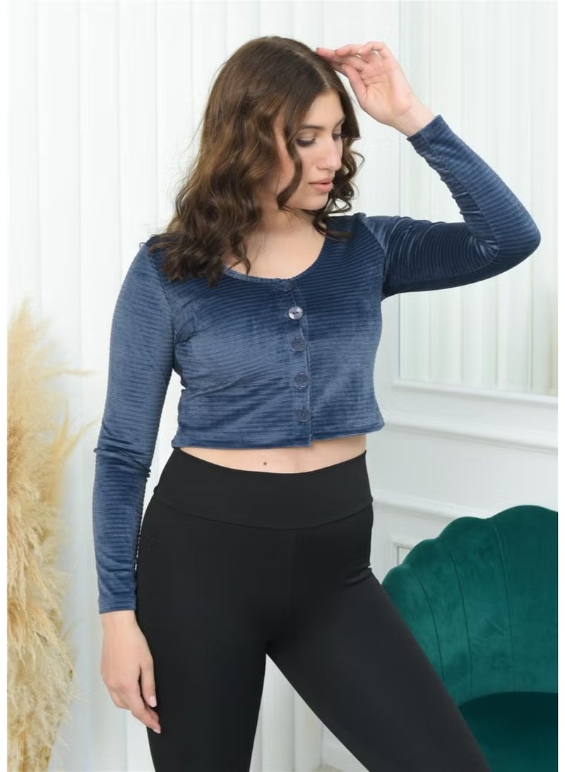 Nuseel Wide Collar Corduroy Crop Navy Blue Color - Image 5
