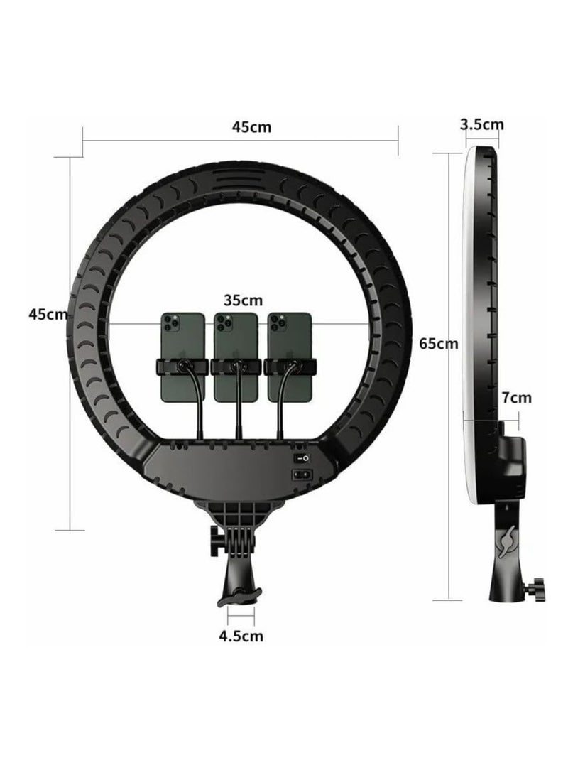 Soft LED Ring Light for Live Streaming & Makeup Artists – 360° Rotation – 2700-6500K – 3 Phone Holders – Remote Control – 2m Stand – 45cm Diameter – White & Yellow – MAX RL-18 with Carrying Bag - Image 2