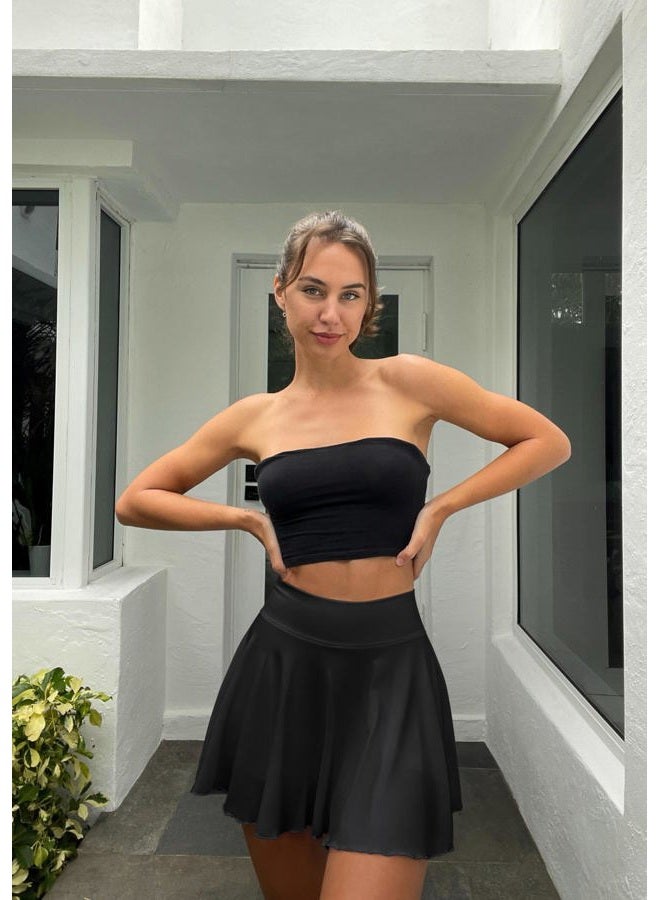 OQQ Women 2 Piece Skirts 2 in 1 Flowy Basic Versatile Stretchy Flared Casual Mini Skirts, Black,caramel, M - Image 2
