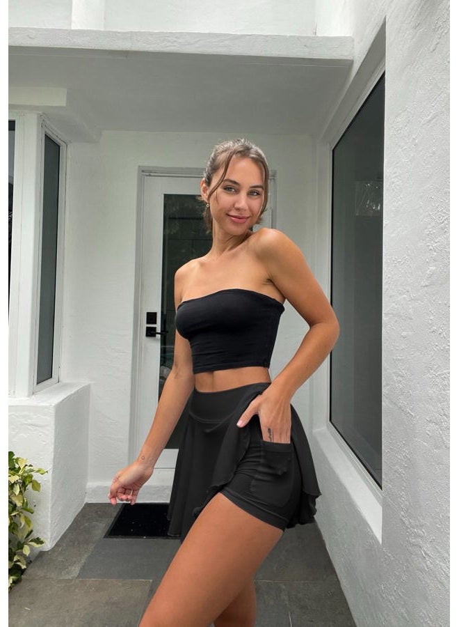 OQQ Women 2 Piece Skirts 2 in 1 Flowy Basic Versatile Stretchy Flared Casual Mini Skirts, Black,caramel, M - Image 4