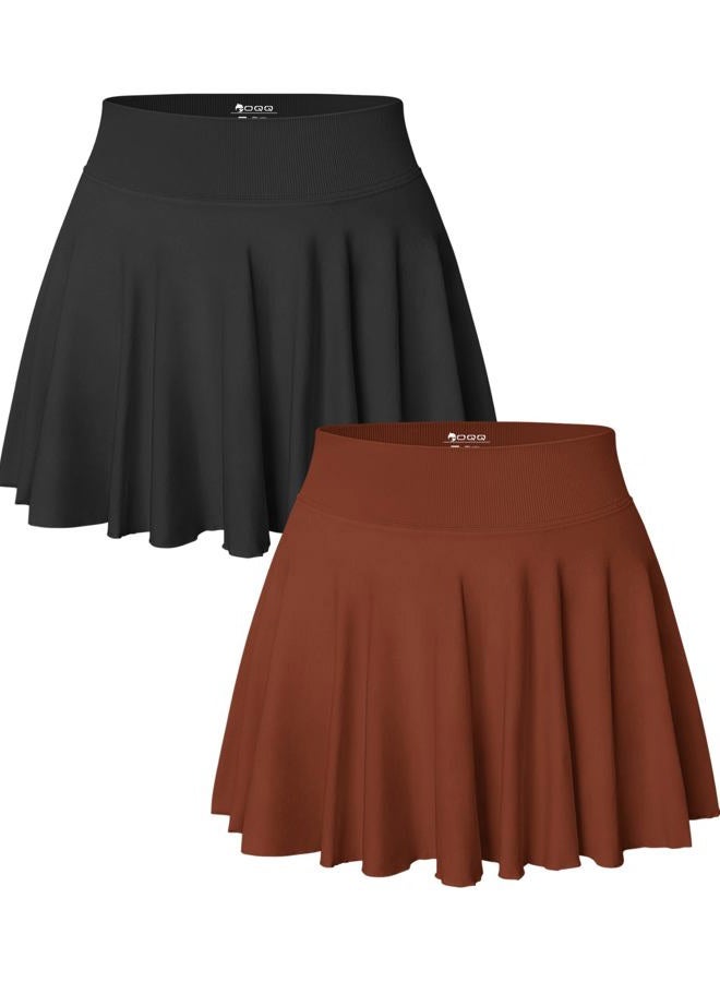 OQQ Women 2 Piece Skirts 2 in 1 Flowy Basic Versatile Stretchy Flared Casual Mini Skirts, Black,caramel, M - Image 1
