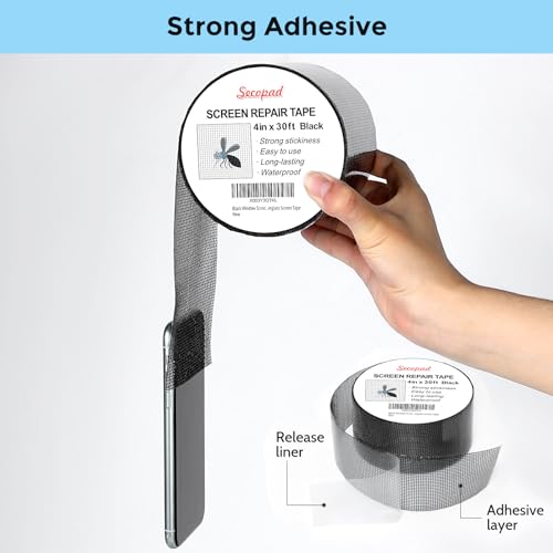 Secopad Black Window Screen Repair Kit, 4 in X 30 FT (360IN) Screen Repair Tape for Windows or Doors, Strong Adhesive Fiberglass Mesh Patch Tape - Image 4