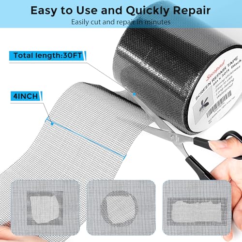 Secopad Black Window Screen Repair Kit, 4 in X 30 FT (360IN) Screen Repair Tape for Windows or Doors, Strong Adhesive Fiberglass Mesh Patch Tape - Image 2