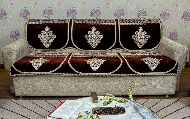 KREEVA Velvet Florida Abstract 6 Piece 5 Seater Sofa slipcover and Chair Set311 Brown - Image 2