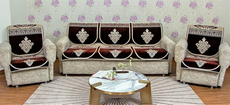KREEVA Velvet Florida Abstract 6 Piece 5 Seater Sofa slipcover and Chair Set311 Brown - Image 3