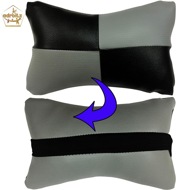 Adroitz Universal Car Neck Rest PillowCushion Set Headrest Pain Relief Support with Adjustable Strap Faux Leather Car Cushion for All Cars Pillow for Comfortable Car Rides Pack of 2 Pieces - Image 2