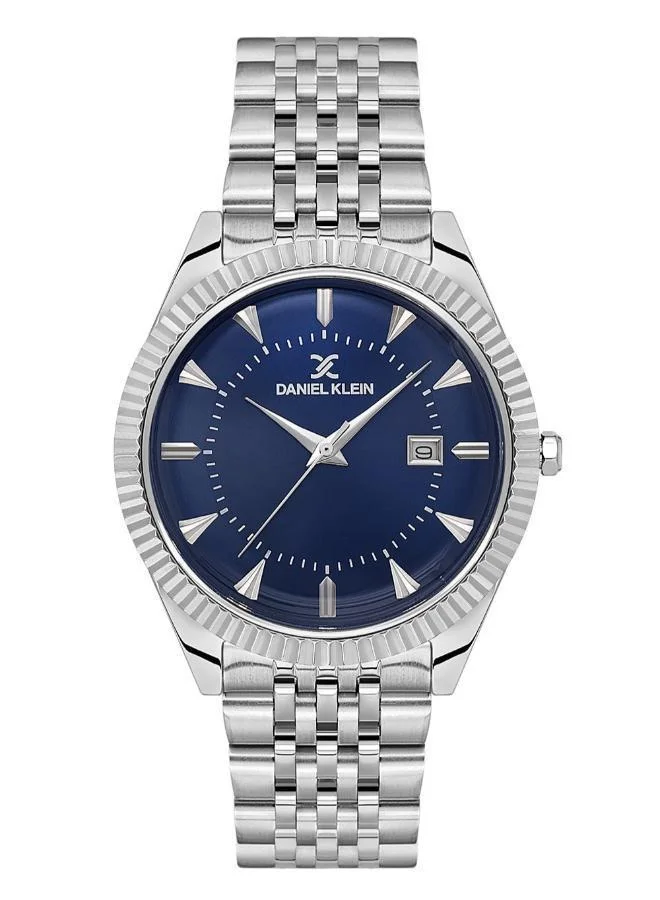 Daniel Klein Men's Stainless Steel Silver Alloy Case Analog Dark Blue Round Sunray Dial Japanese Quartz Premium 50 Meters Water Resistant