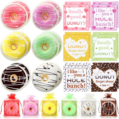 Shappy 12 Sets Valentine Donut Squeeze Toys Include Scented Fake Donut Stress Relief Ball Valentines Day Cards Colorful Bags for Party Favors Shop Decoration Shooting Props Prize Exchange Gifts - Image 1