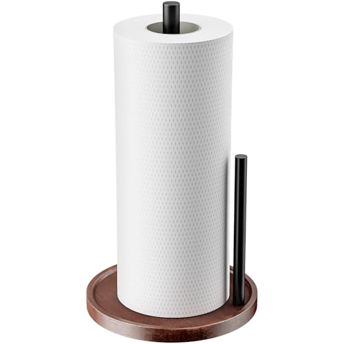 Chinpakden Wooden Paper Towel Holder Countertop Kitchen Paper Towel Holder Stainless Steel with Real Wood Base Farmhouse Paper Towel Roll Dispenser Fits Standard and Jumbo Size Paper Towels - Image 1