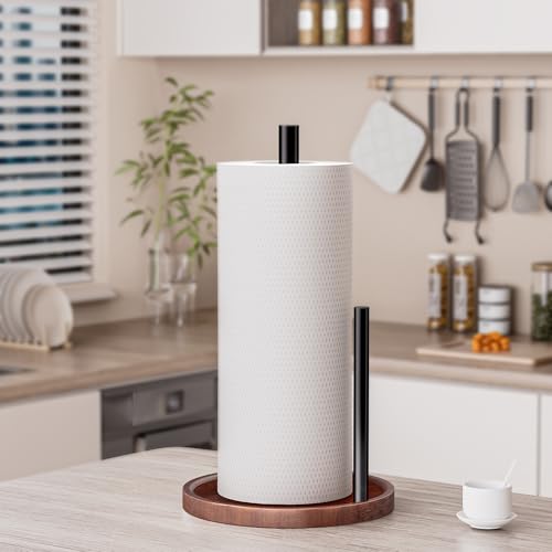 Chinpakden Wooden Paper Towel Holder Countertop Kitchen Paper Towel Holder Stainless Steel with Real Wood Base Farmhouse Paper Towel Roll Dispenser Fits Standard and Jumbo Size Paper Towels - Image 3