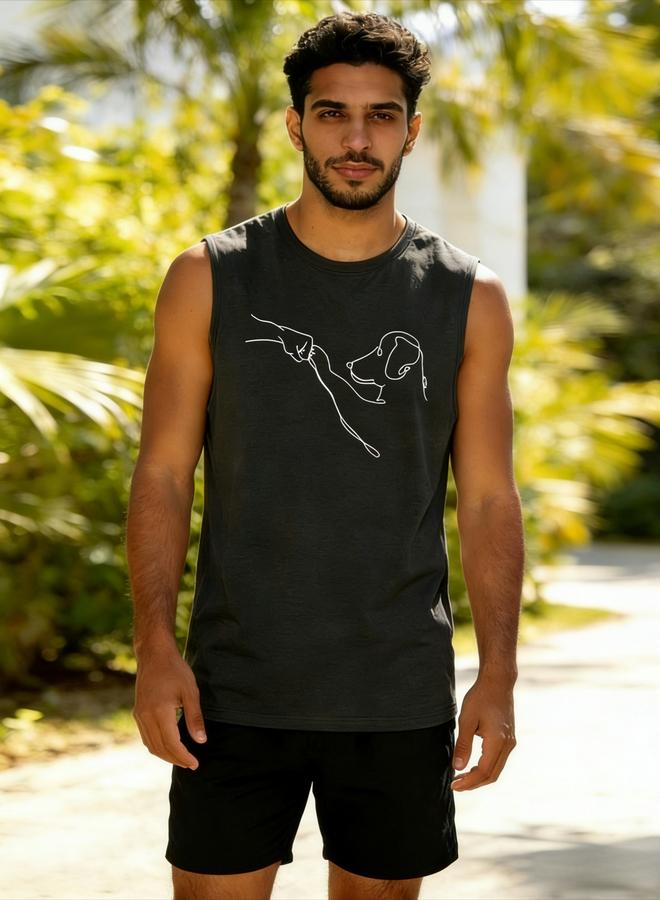 Take Two Men Charcoal Graphic Print Round Neck Tank and Shorts Co-Ords - Image 1