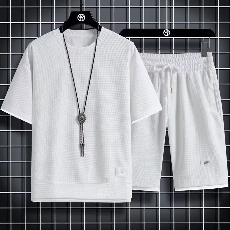 Waffkle Summer Casual Sportswear Loose suit Mens Korean-style Trendy Short-sleeved T-shirt with Shorts Set Apricot