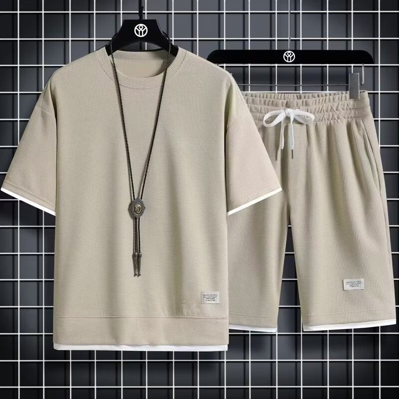 Waffkle Summer Casual Sportswear Loose suit Mens Korean-style Trendy Short-sleeved T-shirt with Shorts Set Apricot