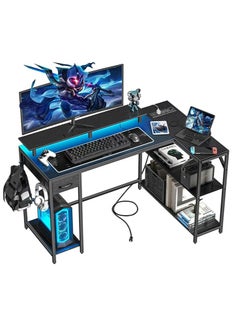 47 inch (approx. 119.4 cm) Gaming Desk without Power Outlet and LED Lights, Double Sided L-Shaped Desk, Computer Desk with Hooks and Monitor Stand with Drawers and Shelves for Home Office Bedroom