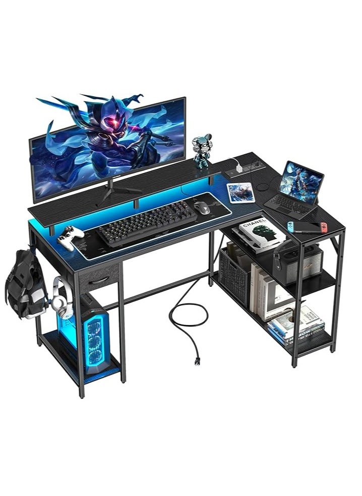 Alibaba - 47 inch (approx. 119.4 cm) Gaming Desk without Power Outlet and LED Lights, Double Sided L-Shaped Desk, Computer Desk with Hooks and Monitor Stand with Drawers and Shelves for Home Office Bedroom - Image 1