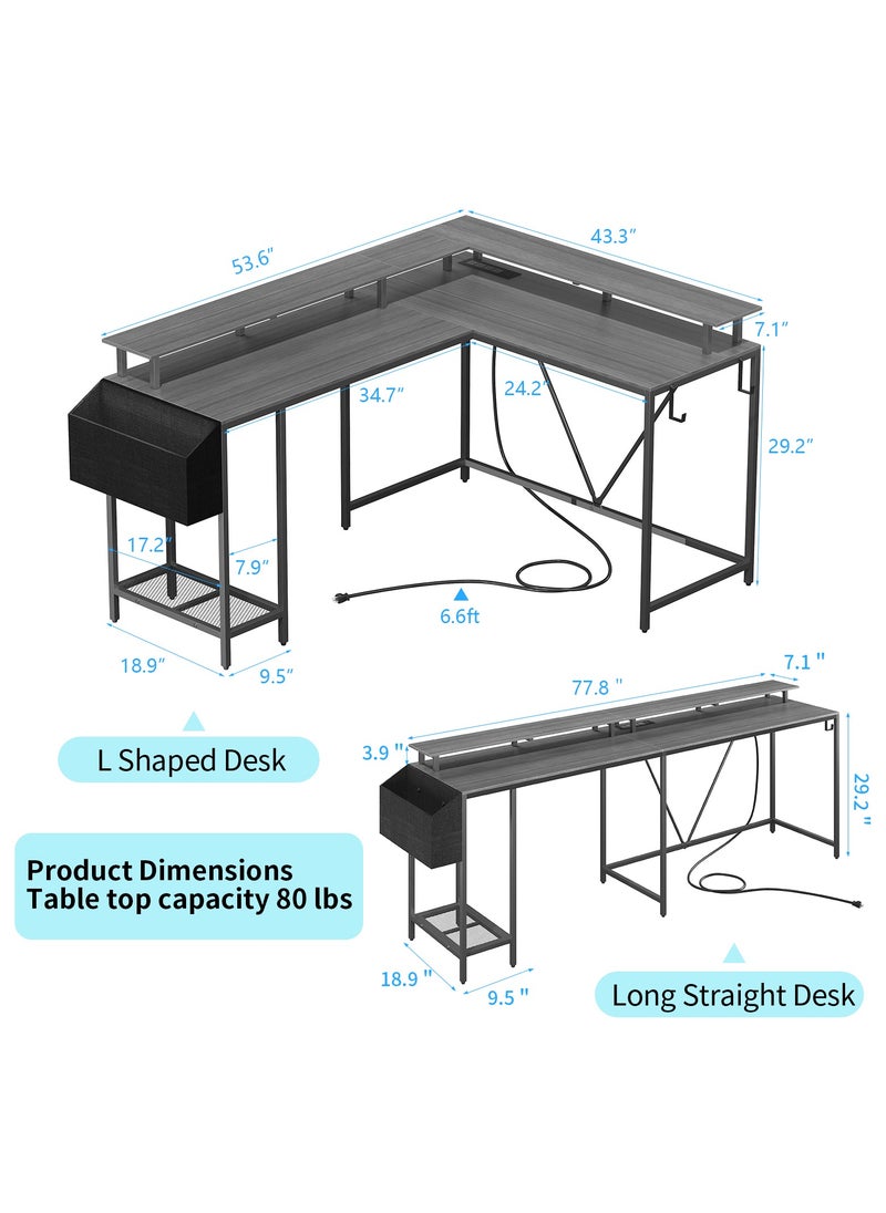 Alibaba - 47 inch (approx. 119.4 cm) Gaming Desk without Power Outlet and LED Lights, Double Sided L-Shaped Desk, Computer Desk with Hooks and Monitor Stand with Drawers and Shelves for Home Office Bedroom - Image 1