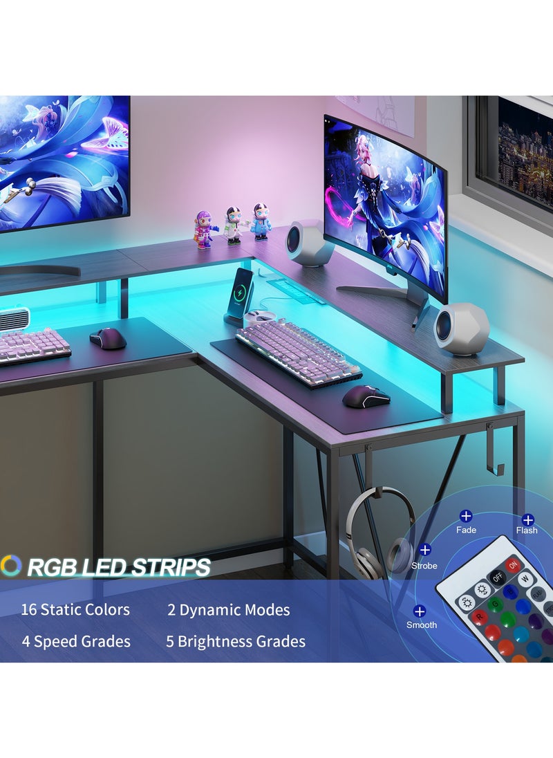 Alibaba - 47 inch (approx. 119.4 cm) Gaming Desk without Power Outlet and LED Lights, Double Sided L-Shaped Desk, Computer Desk with Hooks and Monitor Stand with Drawers and Shelves for Home Office Bedroom - Image 1