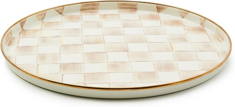 mackenzie childs MACKENZIECHILDS Enamel Round Tray Unique Serving Platter for Food and Drinks BrownandWhite Mocha Check - Image 1