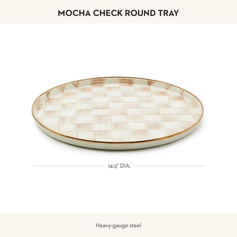 mackenzie childs MACKENZIECHILDS Enamel Round Tray Unique Serving Platter for Food and Drinks BrownandWhite Mocha Check - Image 4