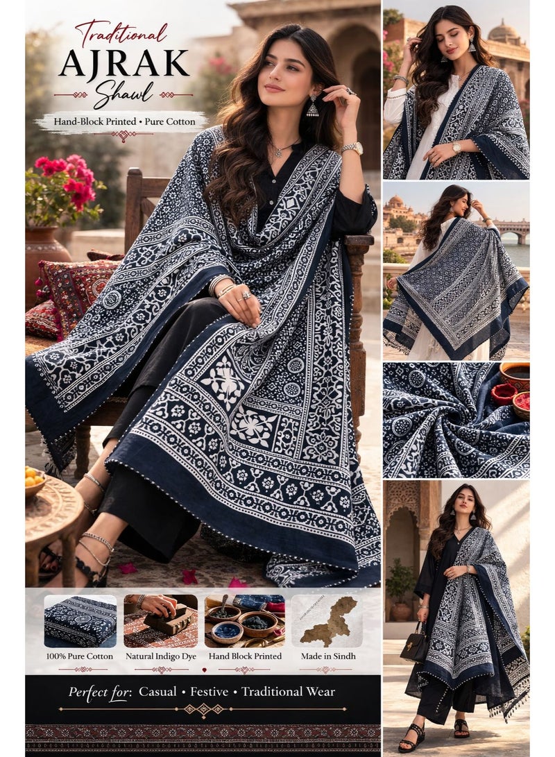 شال أجراك سندي أصيل – وشاح قطني مطبوع يدويًا - Image 5