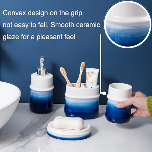 RZCNC Navy Blue Bathroom Accessories Set, 4-Piece Blue Ceramic Bathroom Decorations Accessories Set,Contain Toothbrush Cup,Soap Dispenser,Soap Dish,Tumbler - Image 3