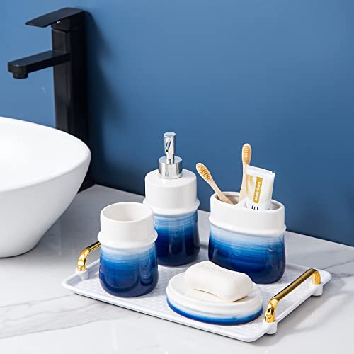 RZCNC Navy Blue Bathroom Accessories Set, 4-Piece Blue Ceramic Bathroom Decorations Accessories Set,Contain Toothbrush Cup,Soap Dispenser,Soap Dish,Tumbler - Image 2
