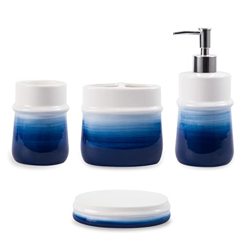 RZCNC Navy Blue Bathroom Accessories Set, 4-Piece Blue Ceramic Bathroom Decorations Accessories Set,Contain Toothbrush Cup,Soap Dispenser,Soap Dish,Tumbler - Image 1
