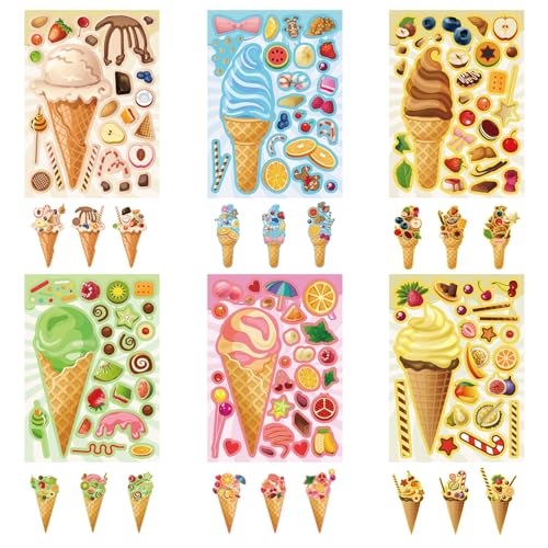 DUJAA 24 Sheets Ice Cream Stickers Makeaface Stickers for Kids Toddlers Make Your Own Mix and Match Stickers DIY Summer Ice Cream Stickers for Birthday Party Games Teacher Reaward - Image 1