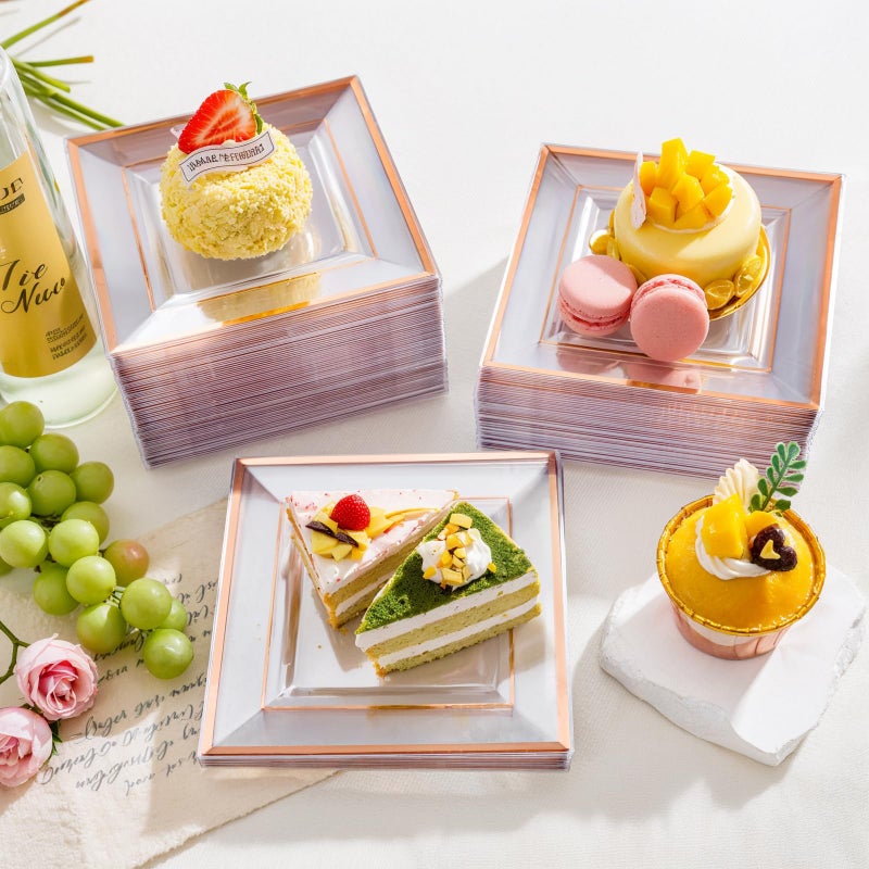 bUCLA 100 Pieces Clear Rose Gold Square Plastic Plates - 6 Inch Clear Plastic Dessert/Cake Plates with Rose Gold Trim Disposable - Ideal for Party  Wedding & Mothers Day - Image 4