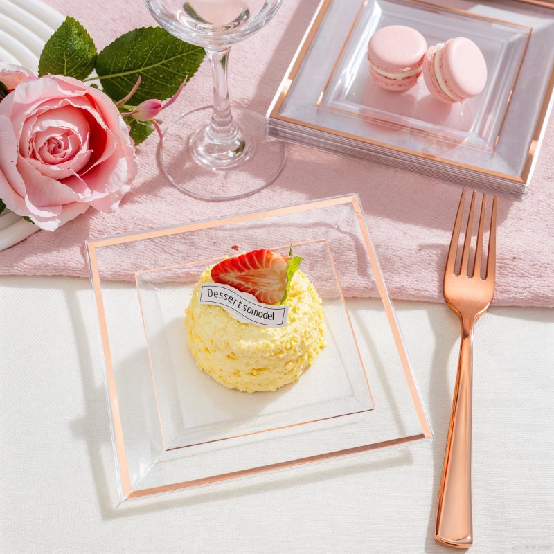 bUCLA 100 Pieces Clear Rose Gold Square Plastic Plates - 6 Inch Clear Plastic Dessert/Cake Plates with Rose Gold Trim Disposable - Ideal for Party  Wedding & Mothers Day - Image 3