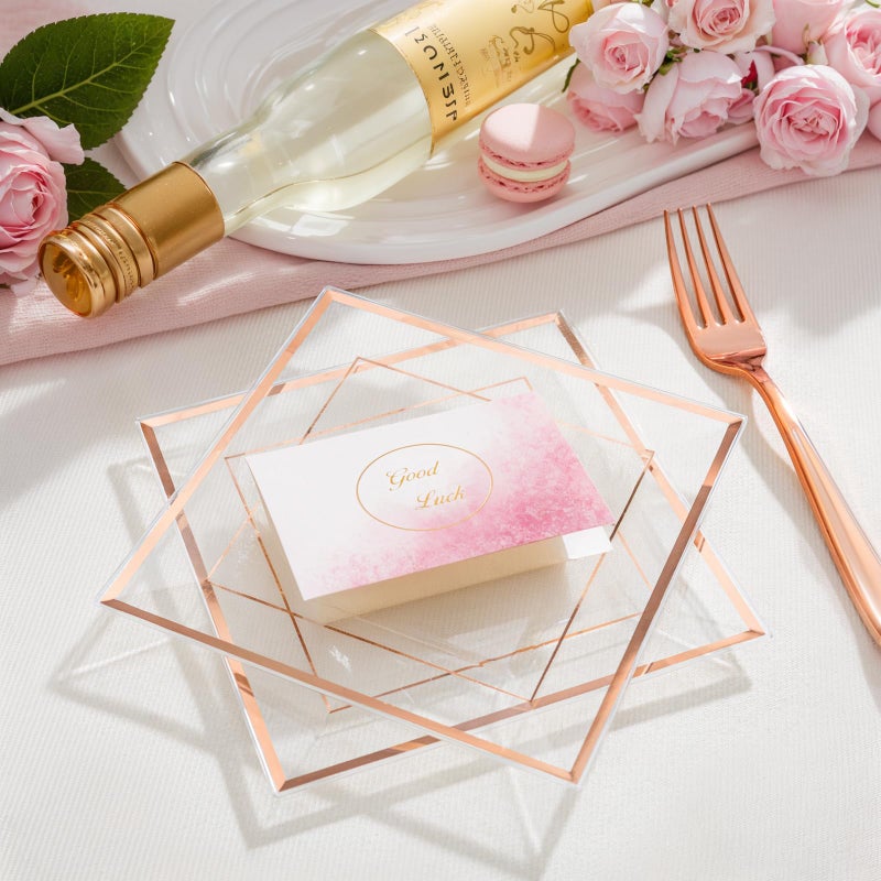 bUCLA 100 Pieces Clear Rose Gold Square Plastic Plates - 6 Inch Clear Plastic Dessert/Cake Plates with Rose Gold Trim Disposable - Ideal for Party  Wedding & Mothers Day - Image 2
