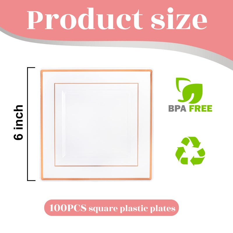 bUCLA 100 Pieces Clear Rose Gold Square Plastic Plates - 6 Inch Clear Plastic Dessert/Cake Plates with Rose Gold Trim Disposable - Ideal for Party  Wedding & Mothers Day - Image 1