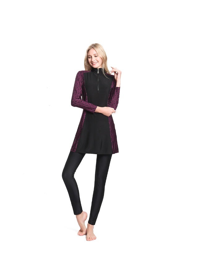 Ventra Women's 2-Piece Black & Purple Print Modest Swimsuit - Long Sleeve Burkini Set - Image 1