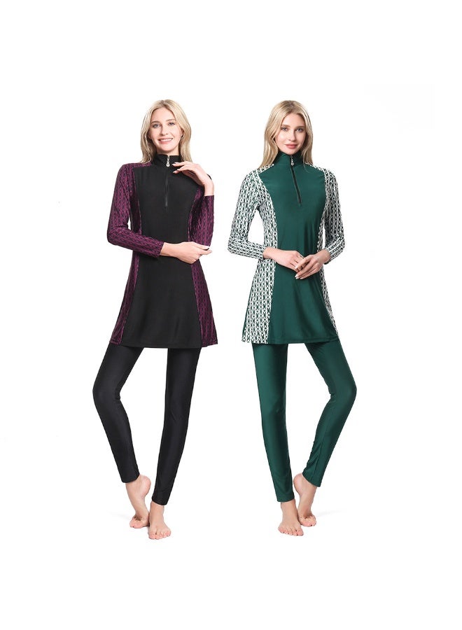 Ventra Women's 2-Piece Black & Purple Print Modest Swimsuit - Long Sleeve Burkini Set - Image 2