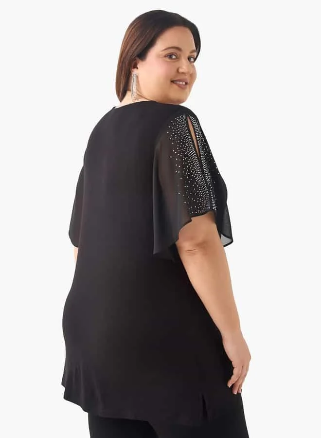 Ulla Popken Plus Size Ulla Popken Embellished V-neck Top with Short Slit Sleeves