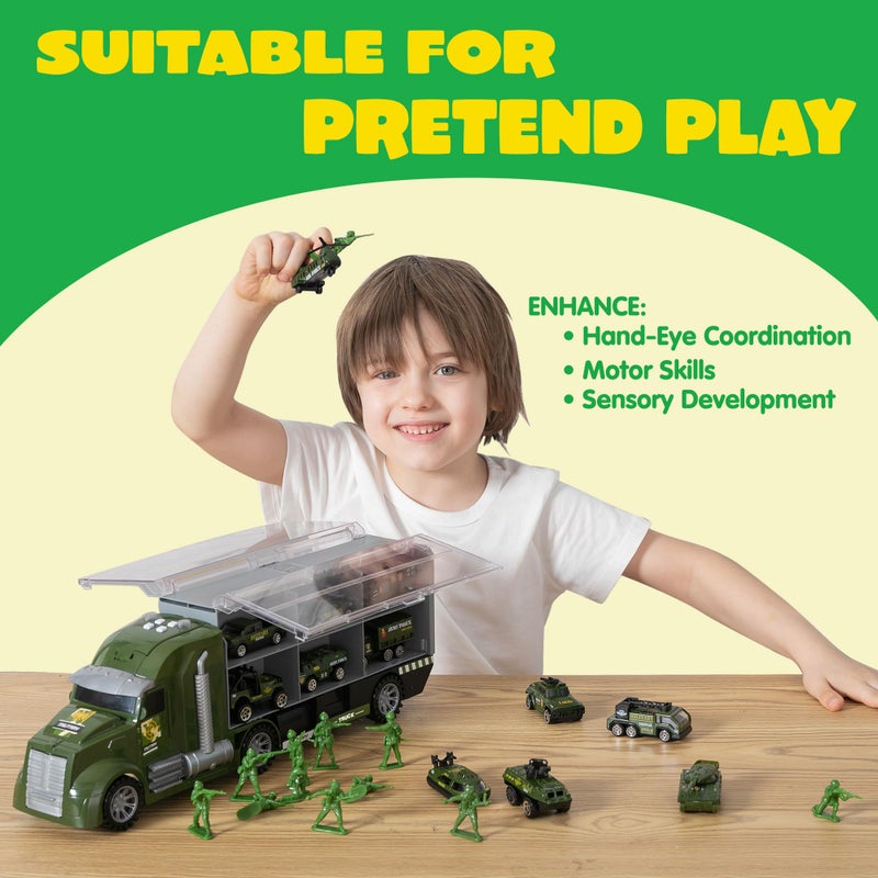 JOYIN 25 in 1 Military Kids Truck Toys for Age 3+, Toddler Boy Toys, Army Men Tanks Set with Soldier Men, Mini Battle Cars in Carrier Truck with Lights and Sounds, Christmas Great Gifts for Grandkids - Image 4