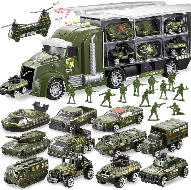 JOYIN 25 in 1 Military Kids Truck Toys for Age 3+, Toddler Boy Toys, Army Men Tanks Set with Soldier Men, Mini Battle Cars in Carrier Truck with Lights and Sounds, Christmas Great Gifts for Grandkids - Image 1