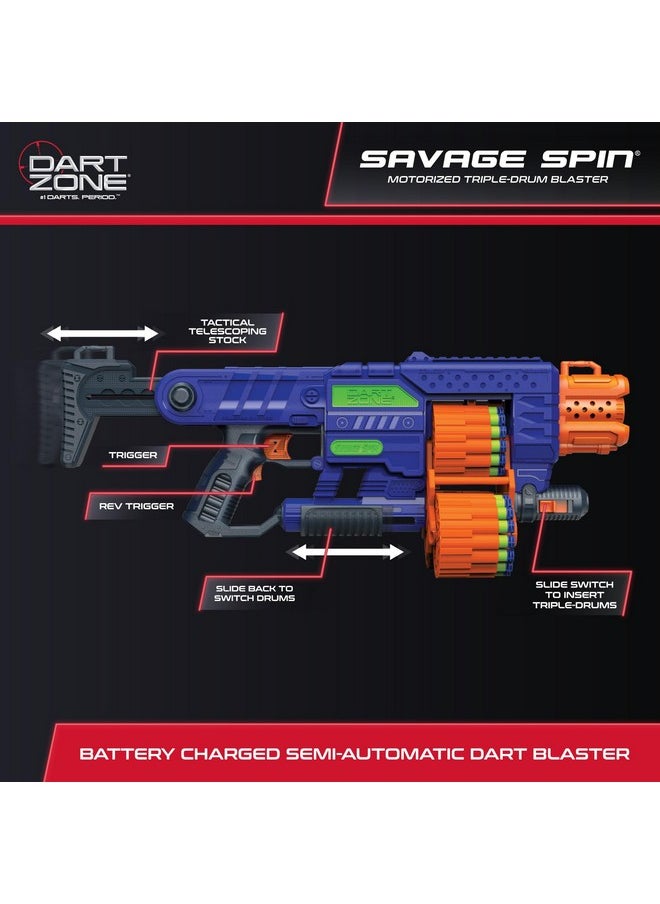 Dart Zone Savage Spin Semi Auto Foam Dart Blaster 45 Dart Triple Drum Motorized Foam Dart Gun Nerf Dart Compatible Soft Bullet Toy Gun For Kids 45 Darts Aka Adventure Force Gun 80 Ft Range  - Image 2