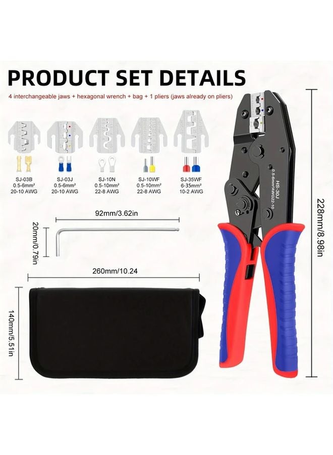 HS 30J Ratchet Wire Crimper Pliers Set 4 Interchangeable Jaw Carbon Steel Handle - Image 3