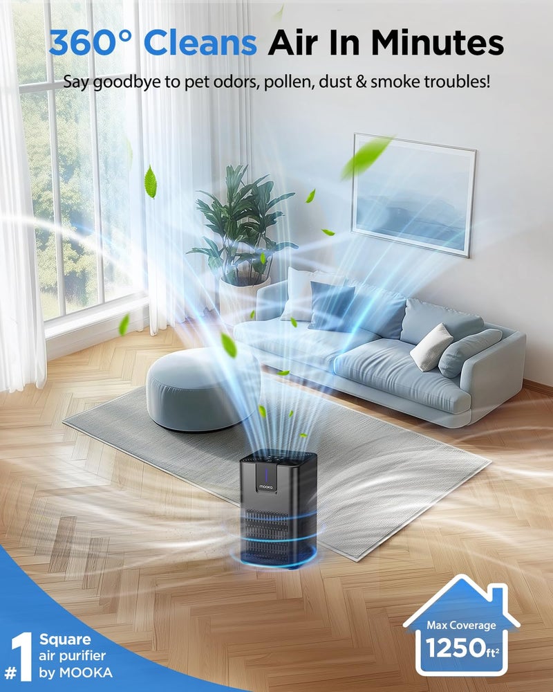 Mooka Air Purifiers for Home Large Room 1250 FtÂ²,MOOKA H13 HEPA Air Purifier for Pets Dust Odor Smoke,Aromatherapy Function,Air Cleaner with 15dB Quiet Sleep Mode for Bedroom Office Living Room,M05,Black - Image 2
