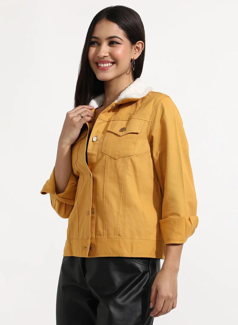 كامبوس سوترا Women's Yellow Front-Button Jacket With Fur Details