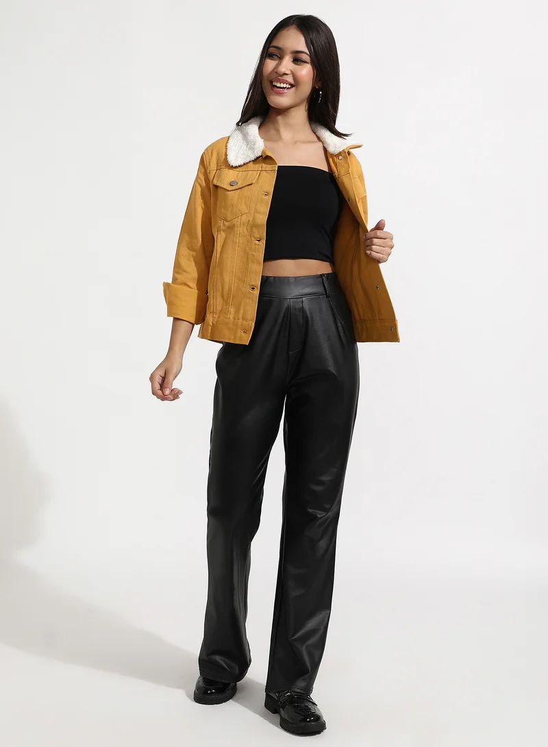 كامبوس سوترا Women's Yellow Front-Button Jacket With Fur Details