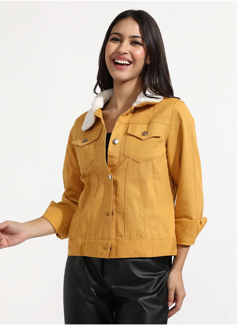 Campus Sutra Women's Yellow Front-Button Jacket With Fur Details