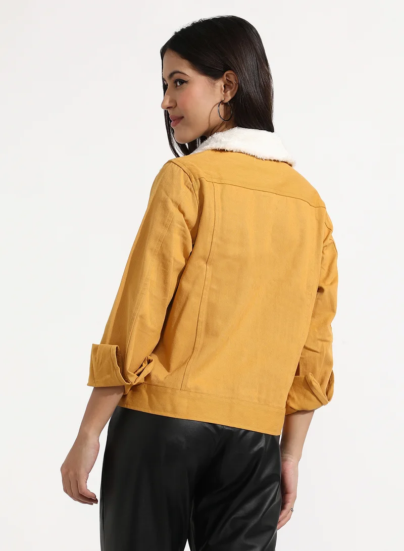 كامبوس سوترا Women's Yellow Front-Button Jacket With Fur Details