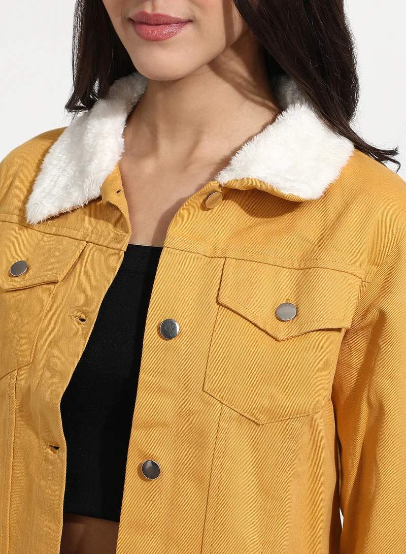 كامبوس سوترا Women's Yellow Front-Button Jacket With Fur Details